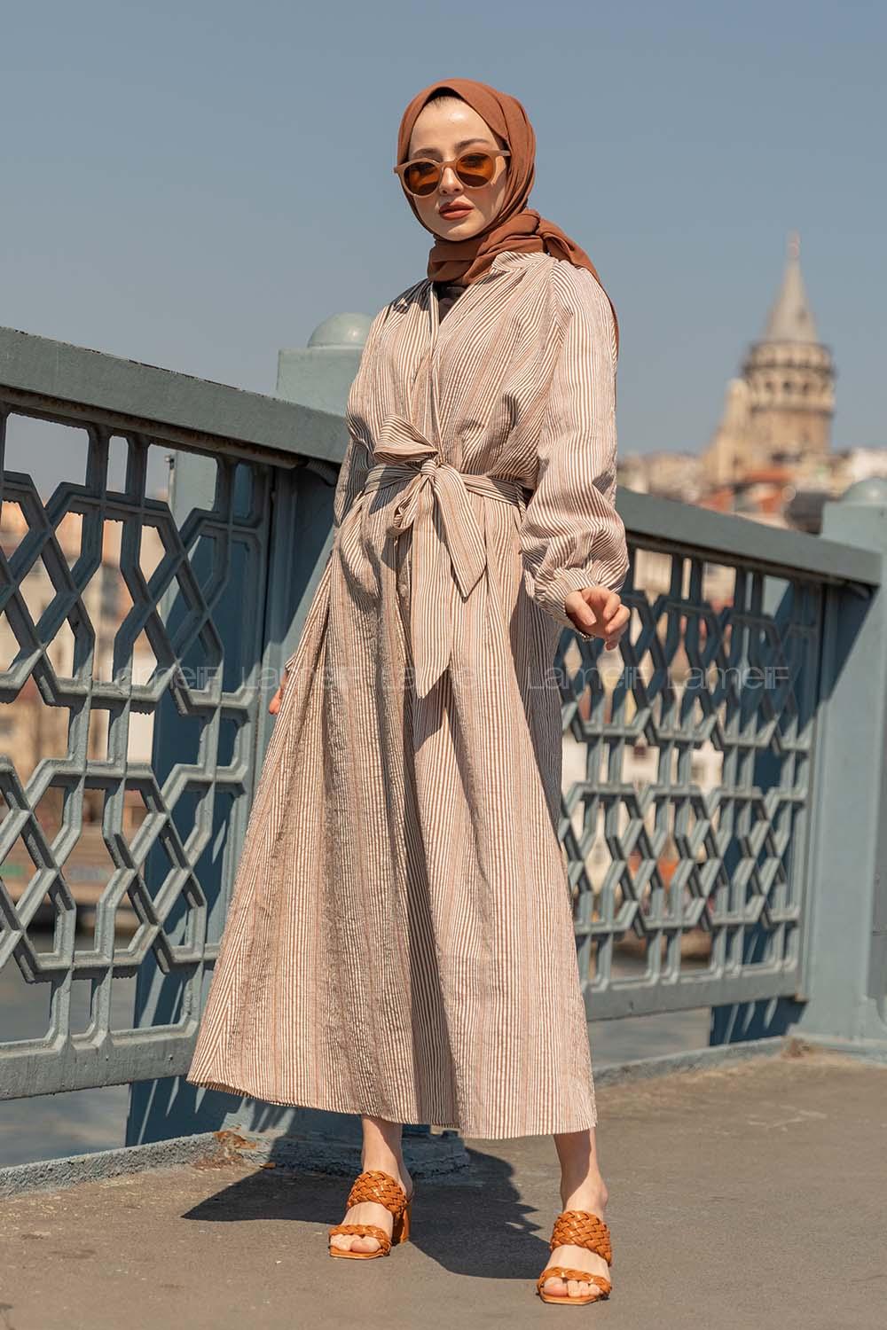 Modalamelif Hakim Yaka Çizgili Elbise Kahverengi