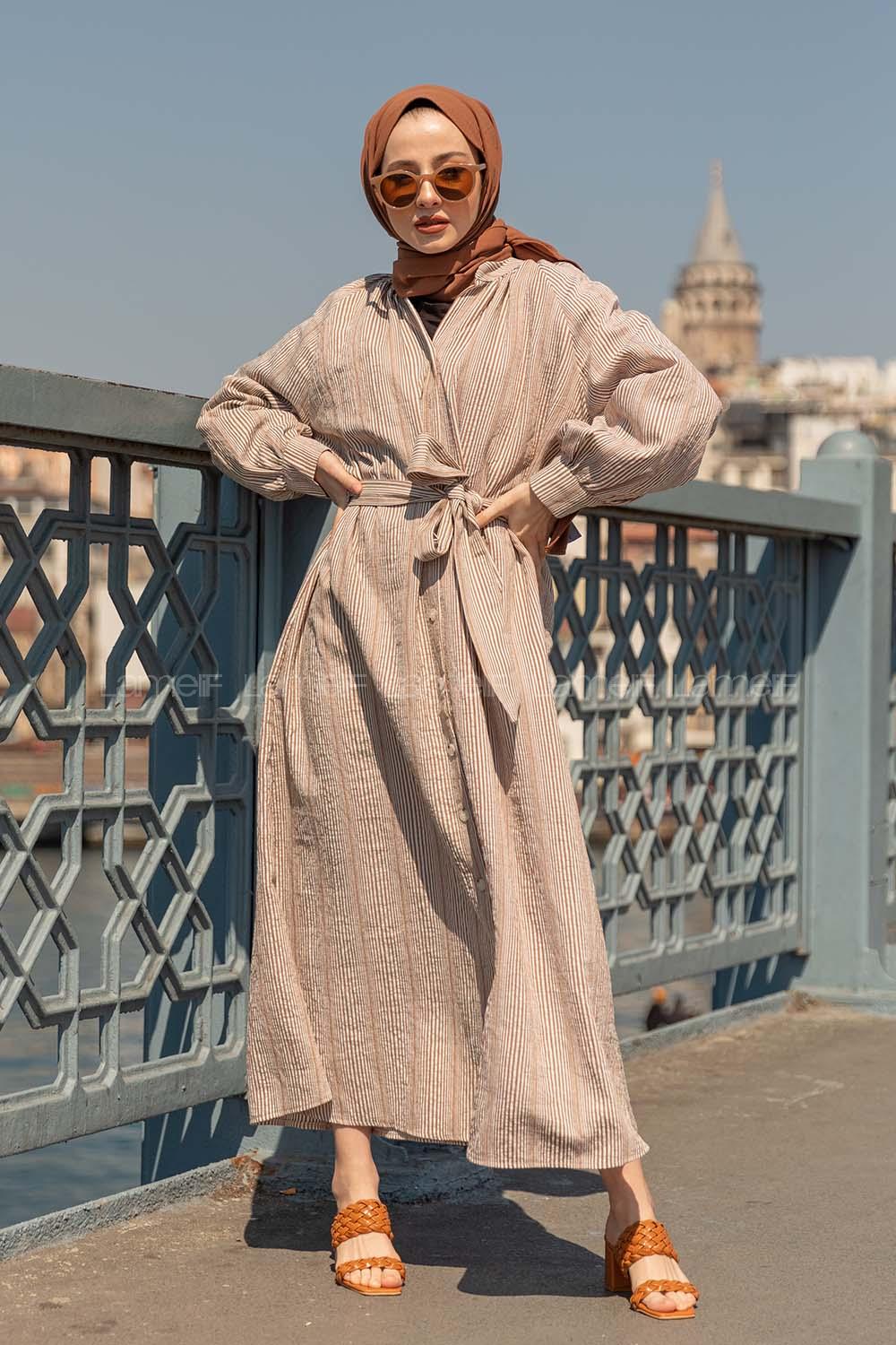 Modalamelif Hakim Yaka Çizgili Elbise Kahverengi
