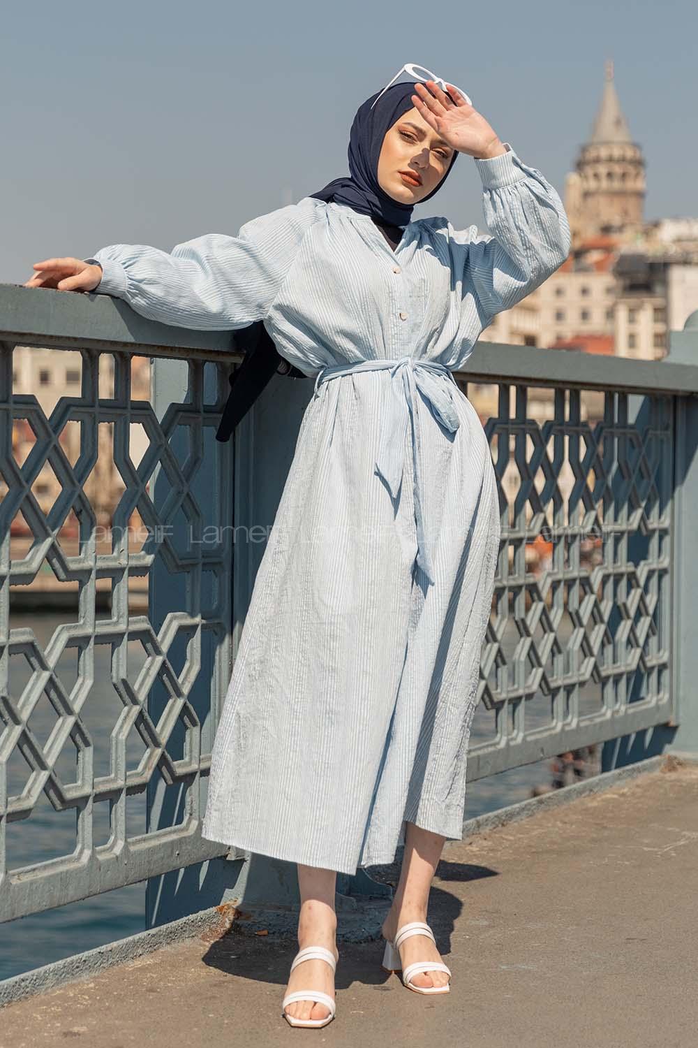 Modalamelif Hakim Yaka Çizgili Elbise Mavi