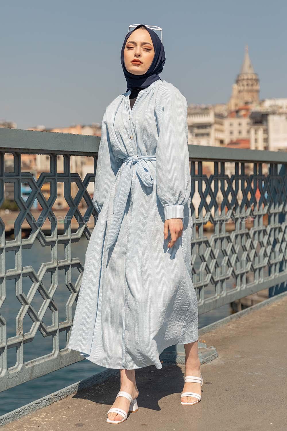 Modalamelif Hakim Yaka Çizgili Elbise Mavi