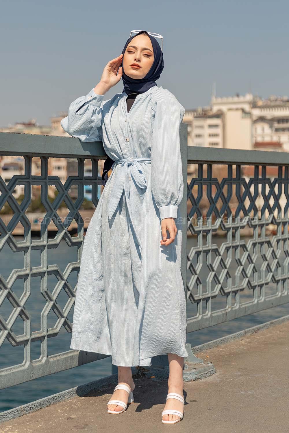 Modalamelif Hakim Yaka Çizgili Elbise Mavi