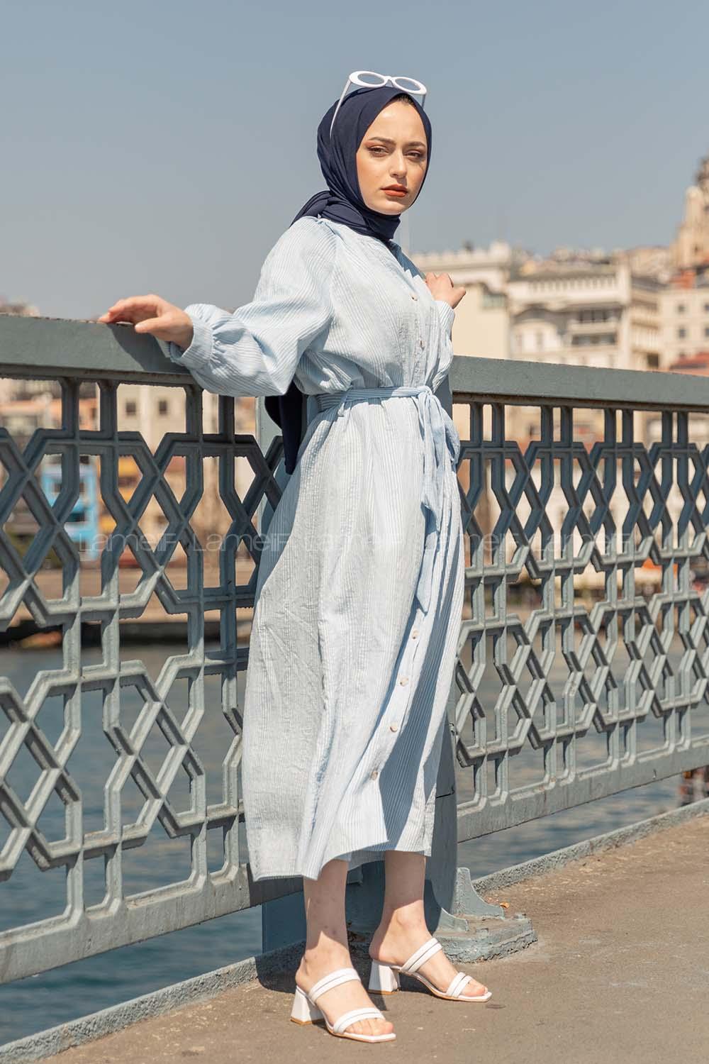 Modalamelif Hakim Yaka Çizgili Elbise Mavi