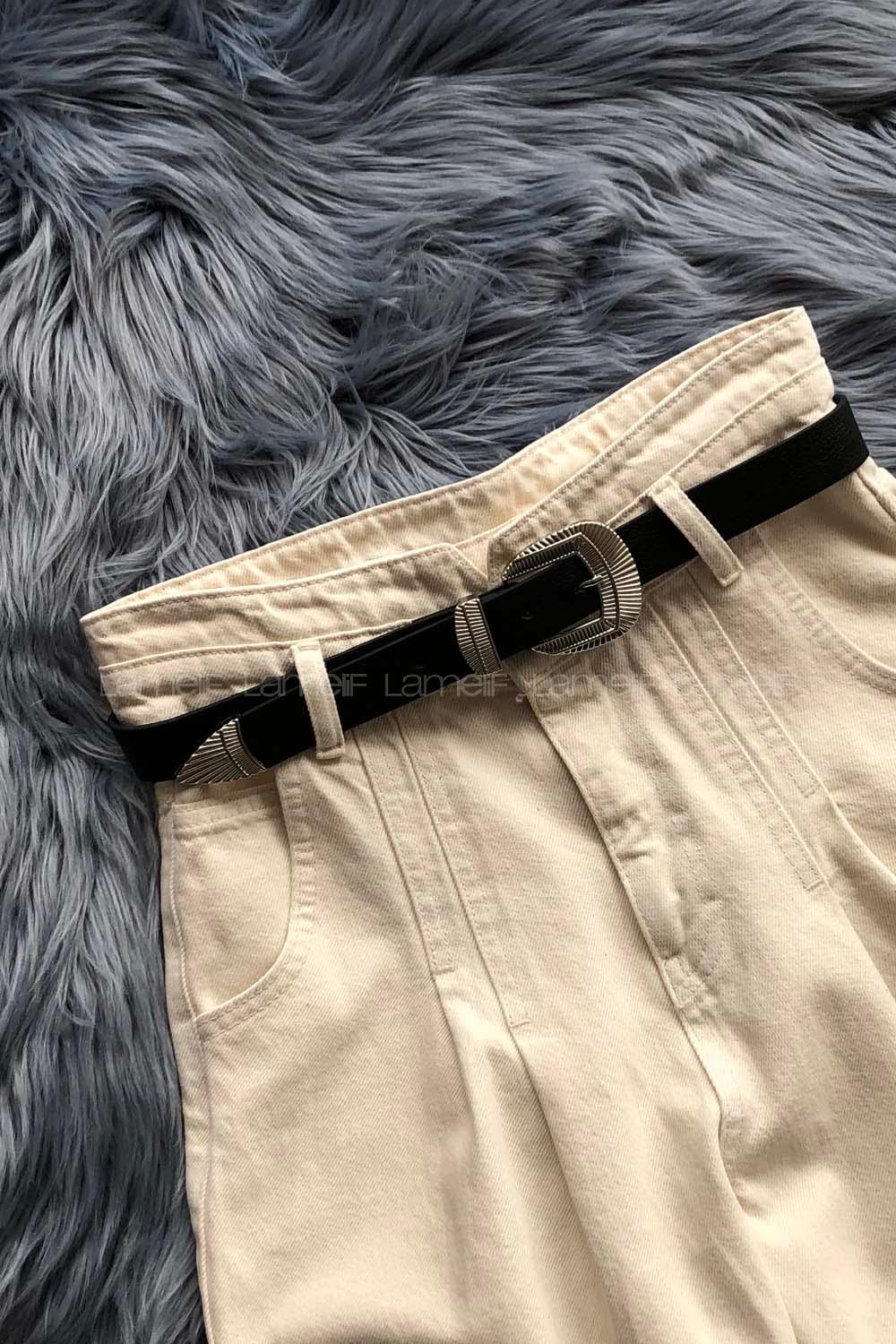 Modalamelif Hasır Oyma Tokalı Gümüş Kemer Siyah