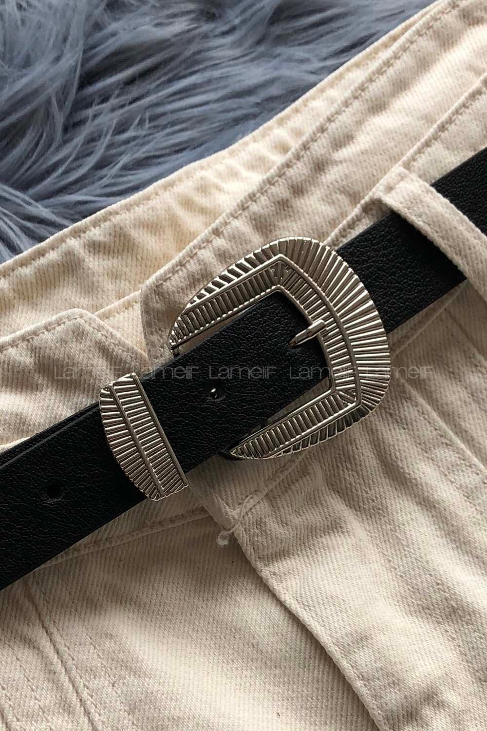 Modalamelif Hasır Oyma Tokalı Gümüş Kemer Siyah