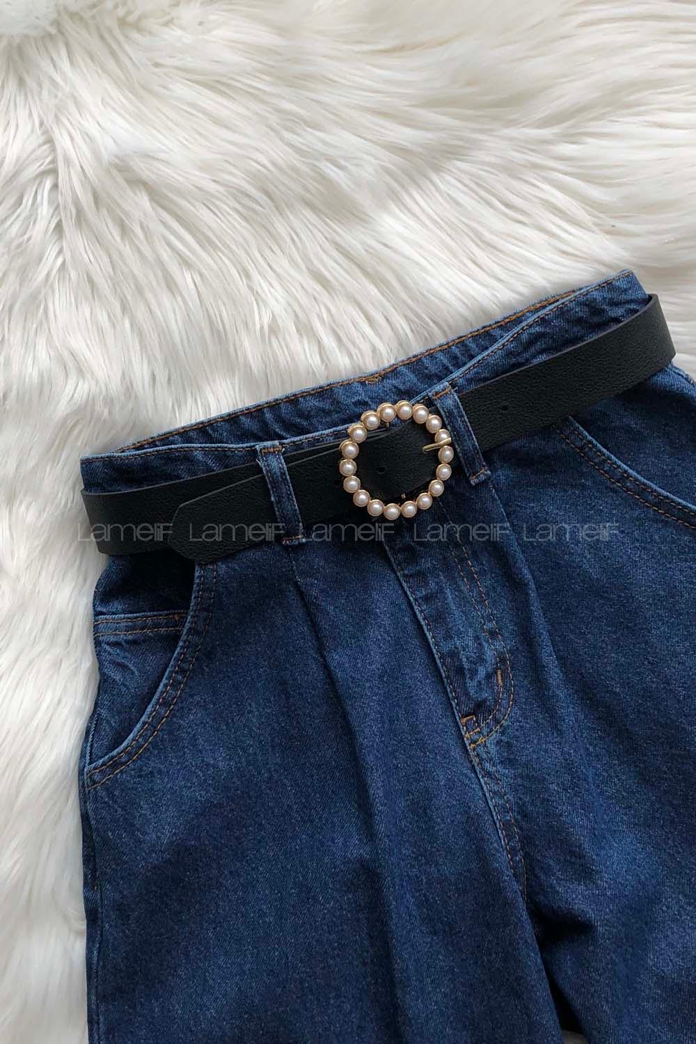 Modalamelif İnci Tokalı Gold Kemer Siyah