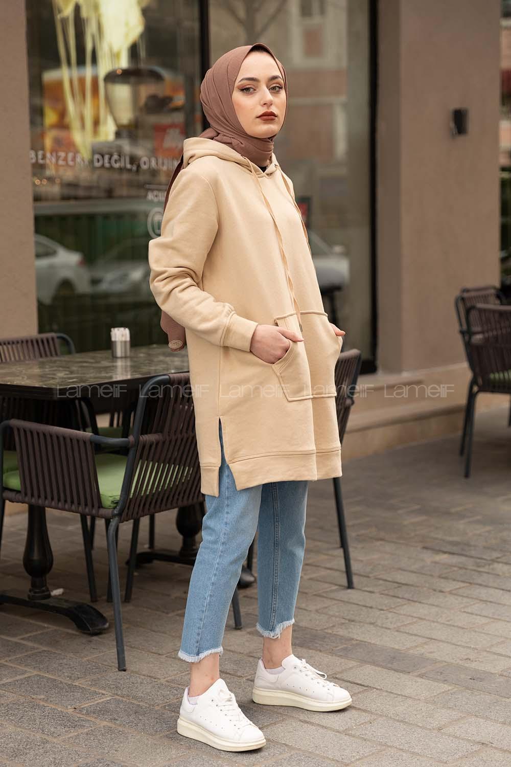Modalamelif Kanguru Cep Kapşonlu Tunik Bej