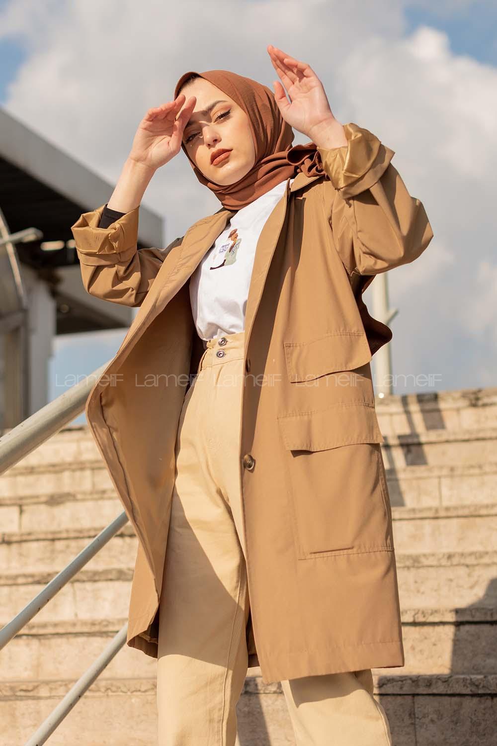 Modalamelif Kapak Cepli Trenç Camel