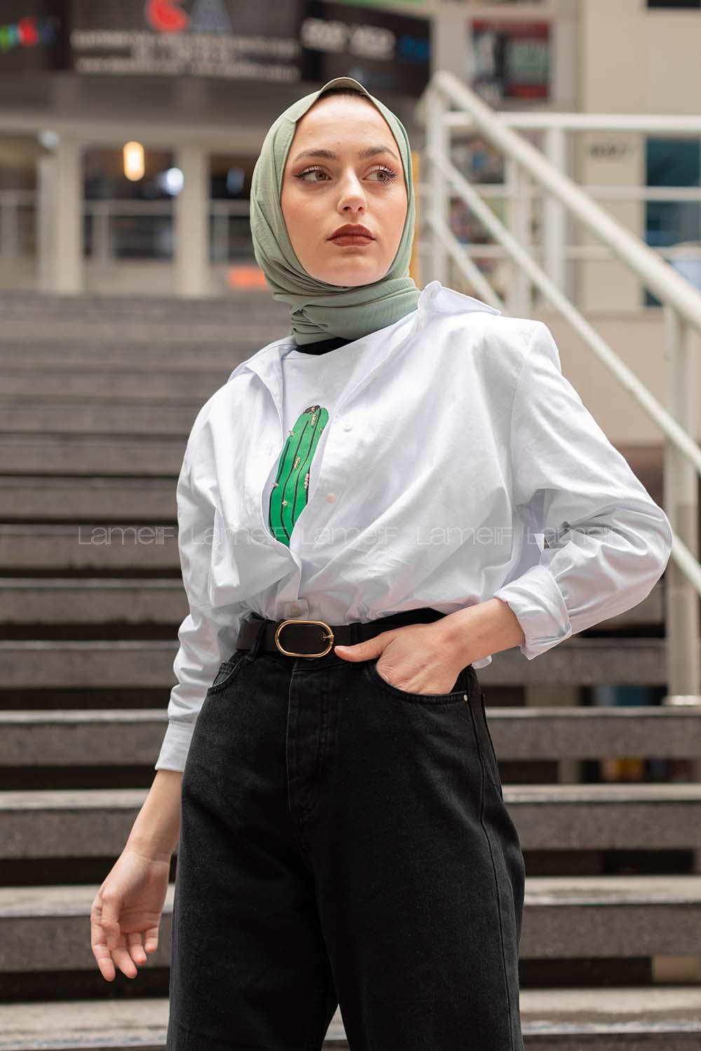 Modalamelif Önü Düğmeli Gömlek Beyaz