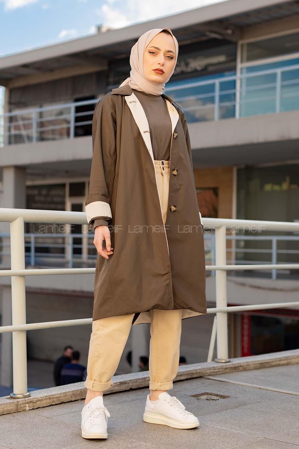 Modalamelif Önü Gizli Düğmeli Trenç Haki