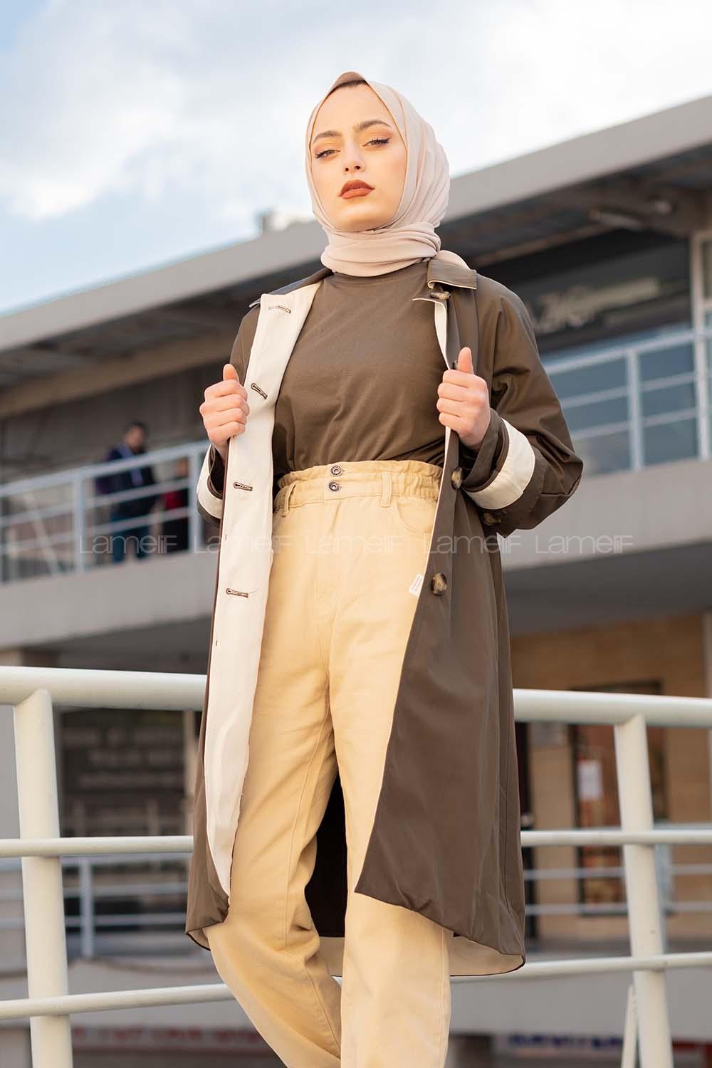 Modalamelif Önü Gizli Düğmeli Trenç Haki