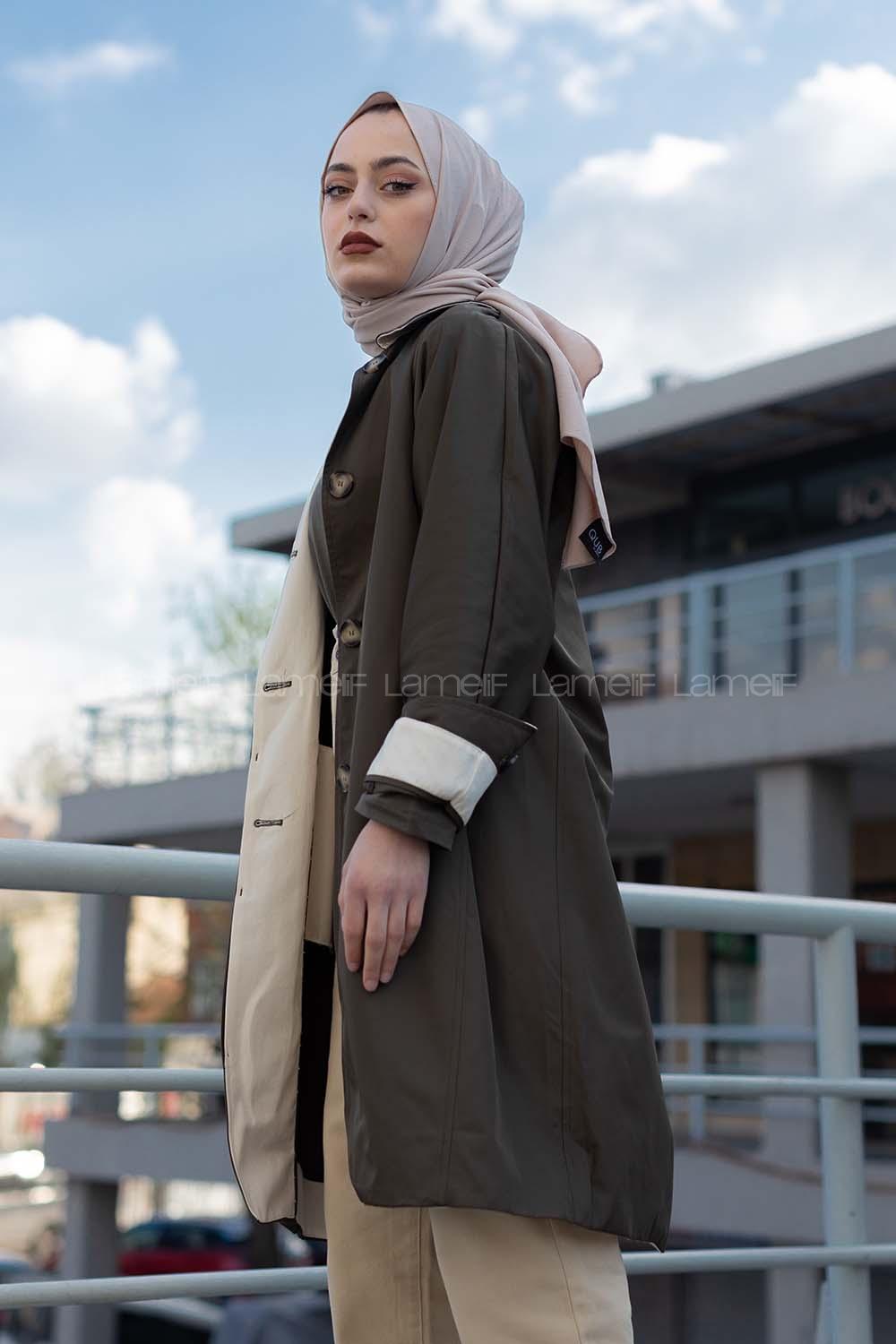 Modalamelif Önü Gizli Düğmeli Trenç Haki