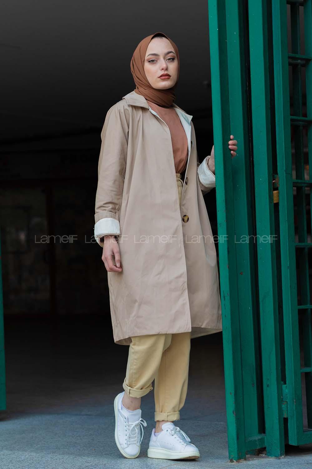 Modalamelif Önü Gizli Düğmeli Trenç Taş