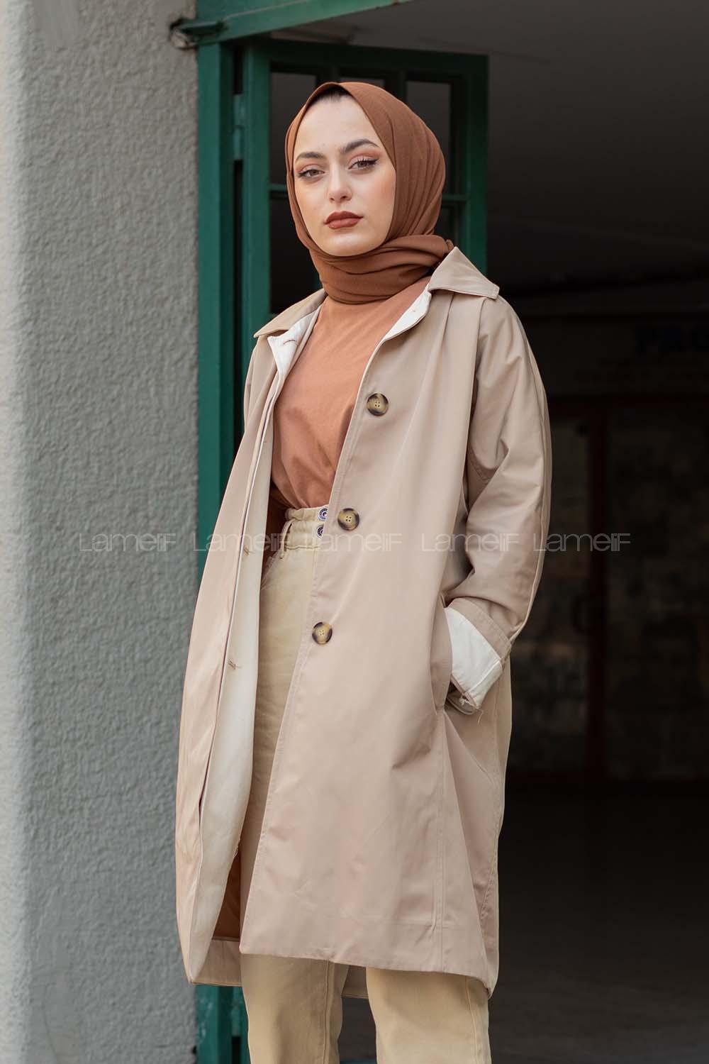 Modalamelif Önü Gizli Düğmeli Trenç Taş