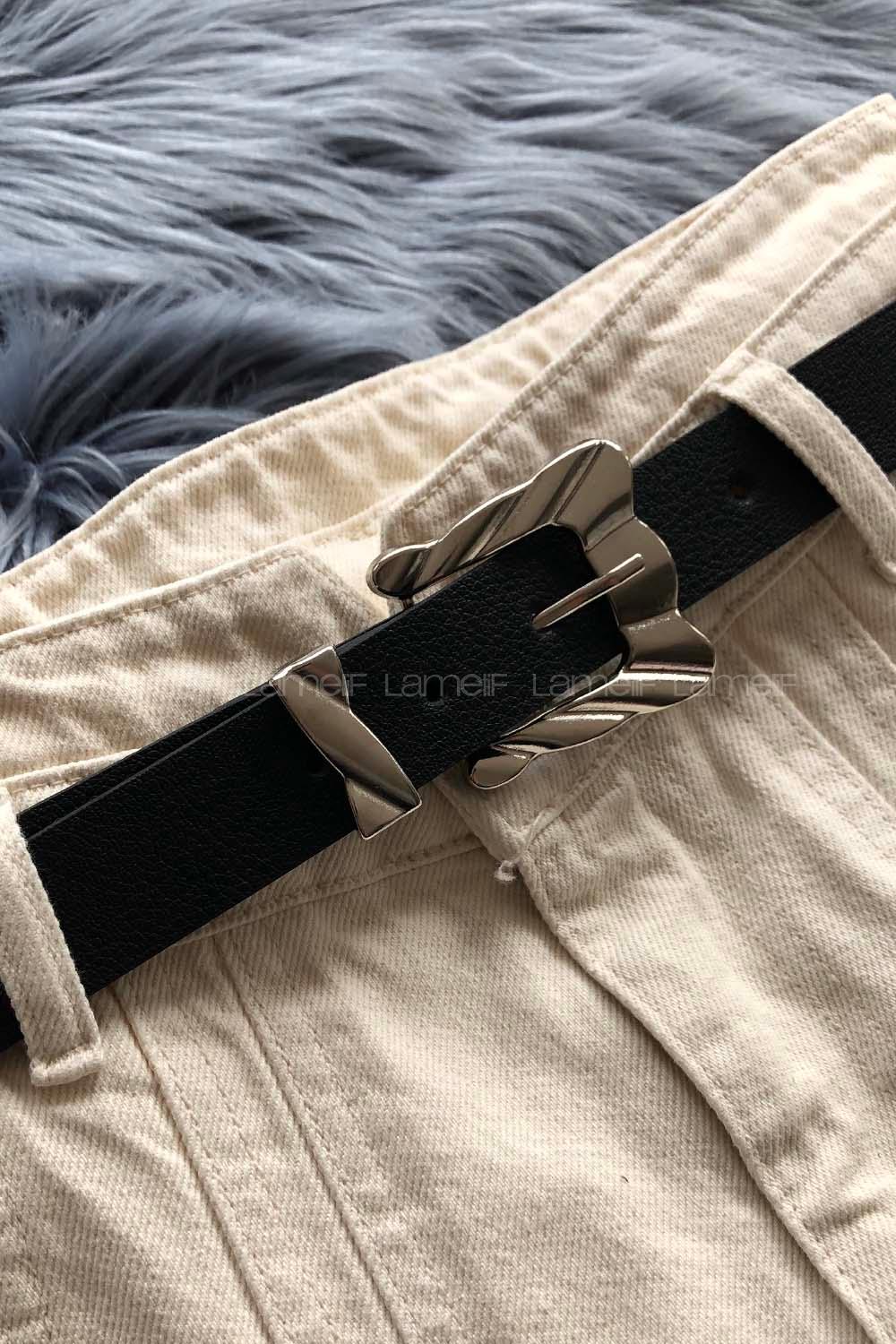 Modalamelif Retro Oyma Gümüş Tokalı Kemer Siyah