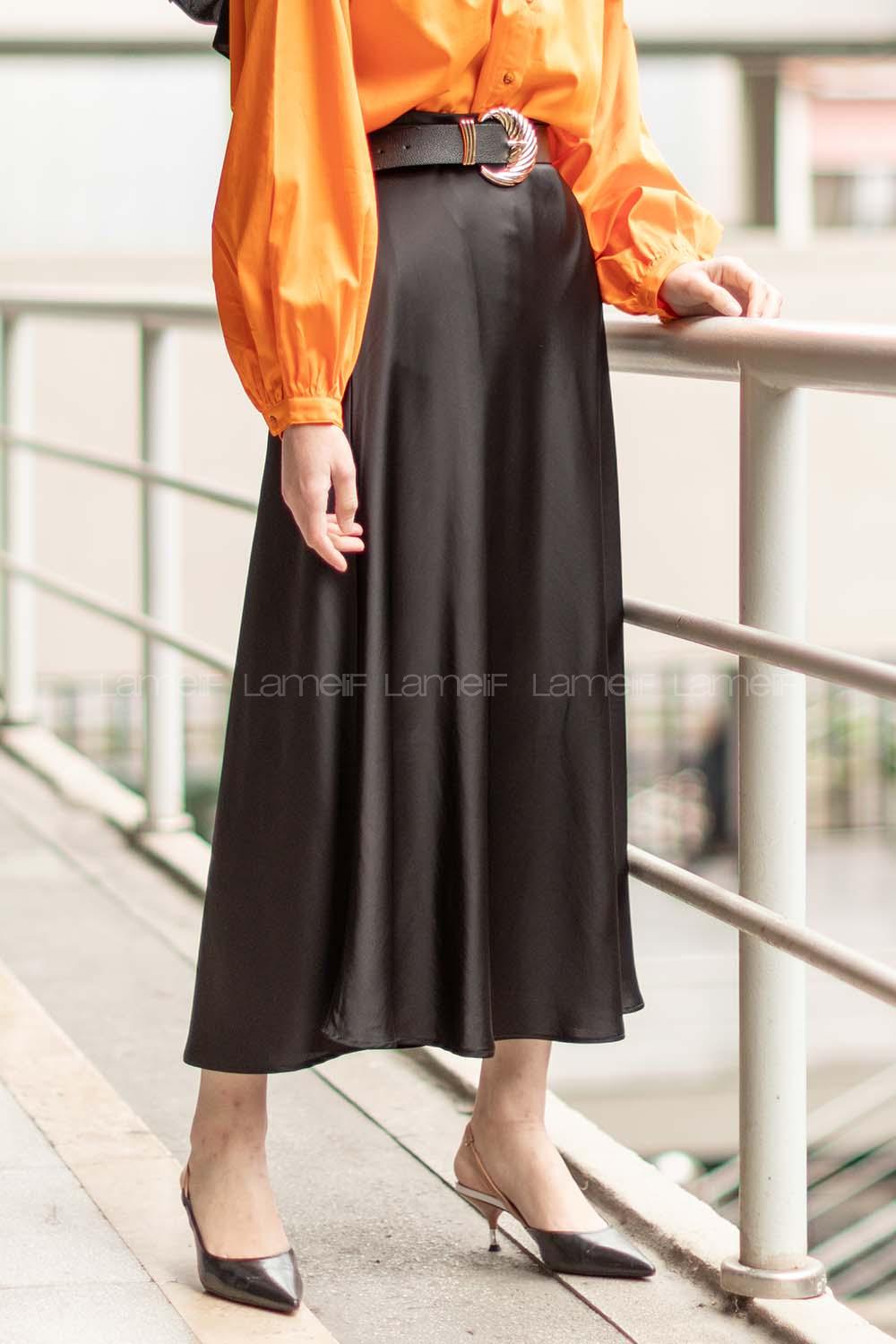 Modalamelif Saten Kloş Etek Siyah
