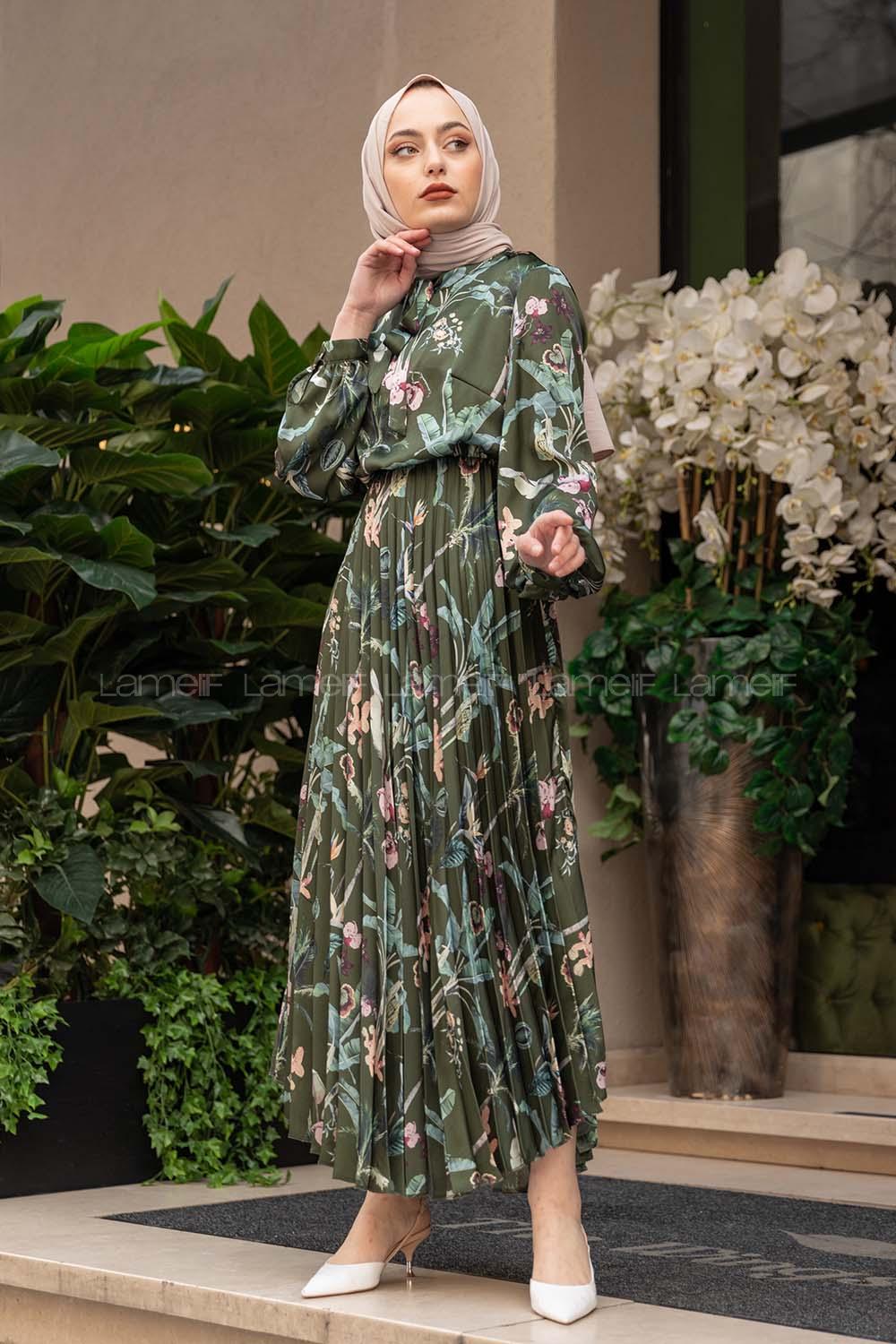 Modalamelif Yaka Bağlamalı Eteği Piliseli Elbise Haki