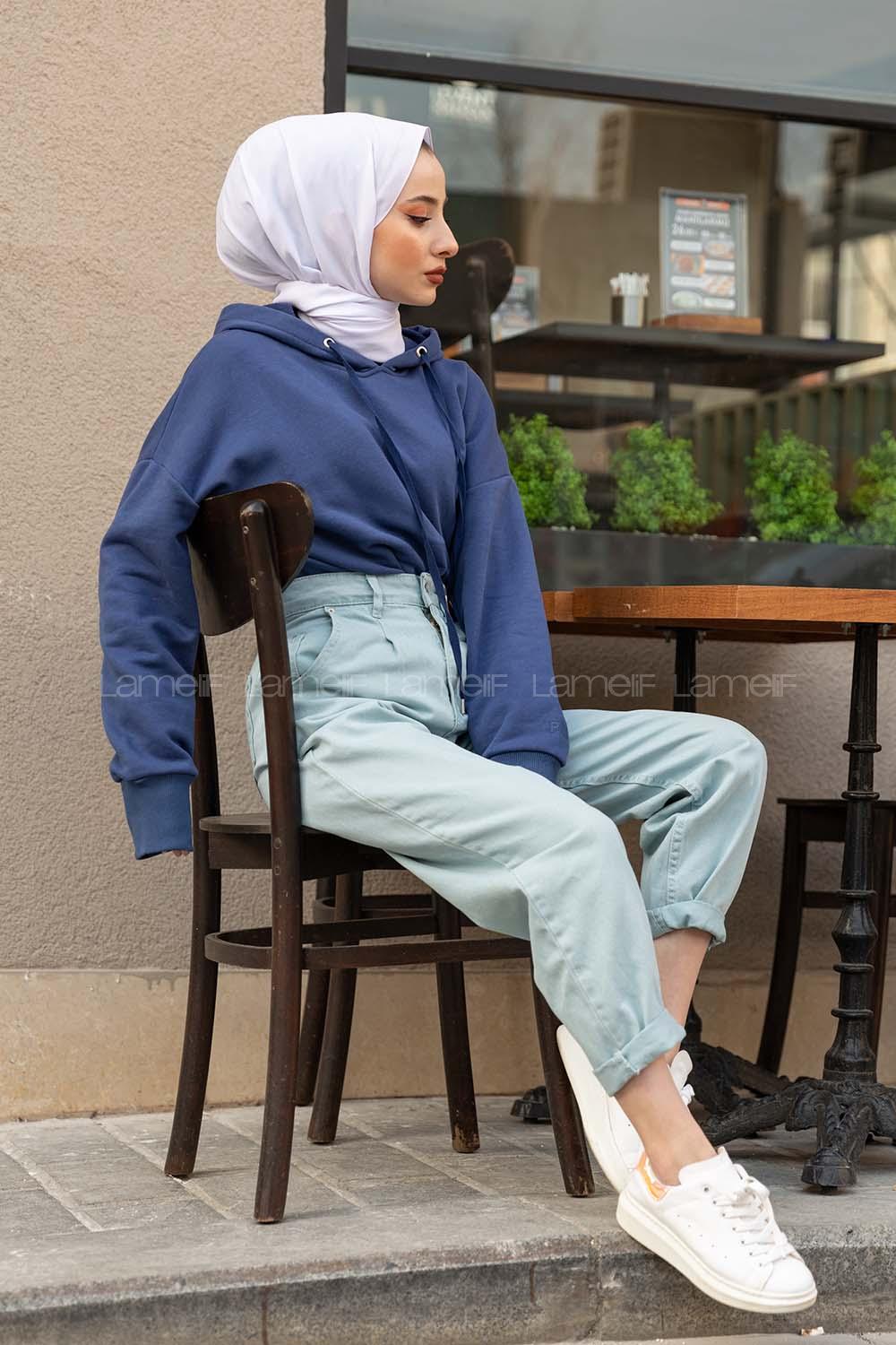 Modalamelif Kuş Gözlü Kapşonlu Swatshirt İndigo