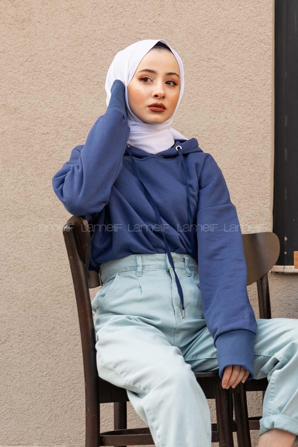 Modalamelif Kuş Gözlü Kapşonlu Swatshirt İndigo