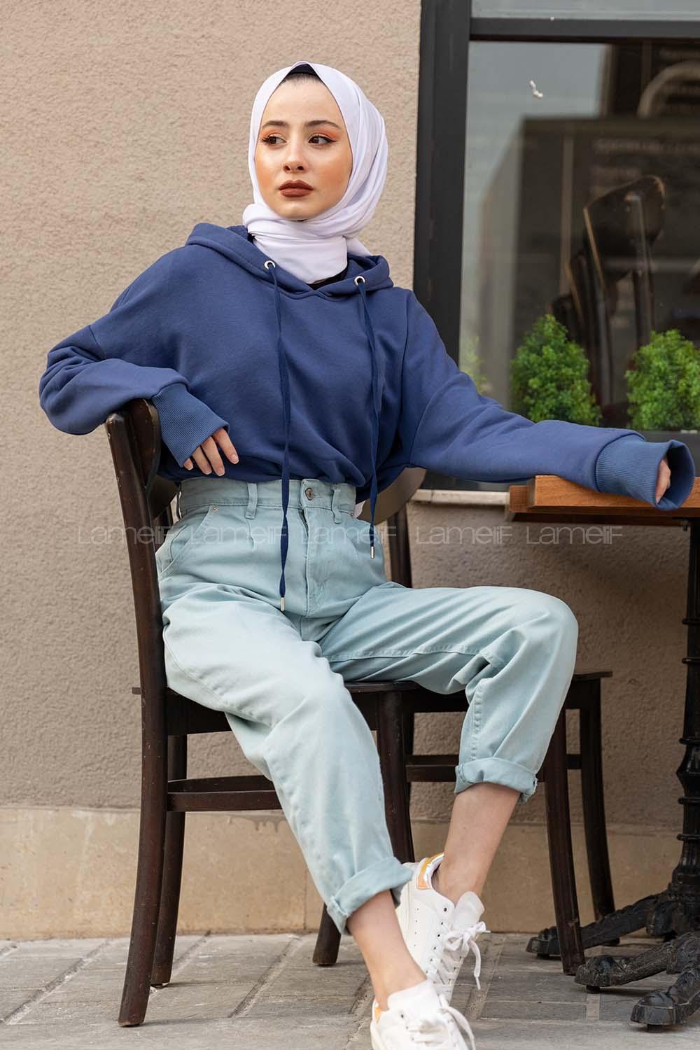 Modalamelif Kuş Gözlü Kapşonlu Swatshirt İndigo