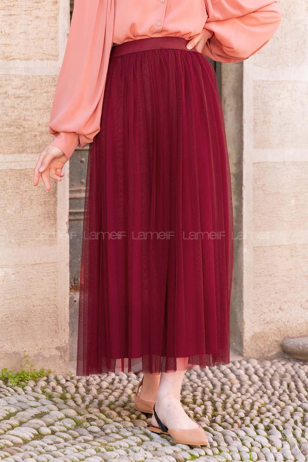 Modalamelif Beli Lastikli Tül Etek Bordo