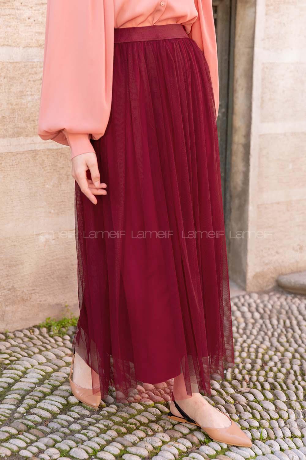 Modalamelif Beli Lastikli Tül Etek Bordo