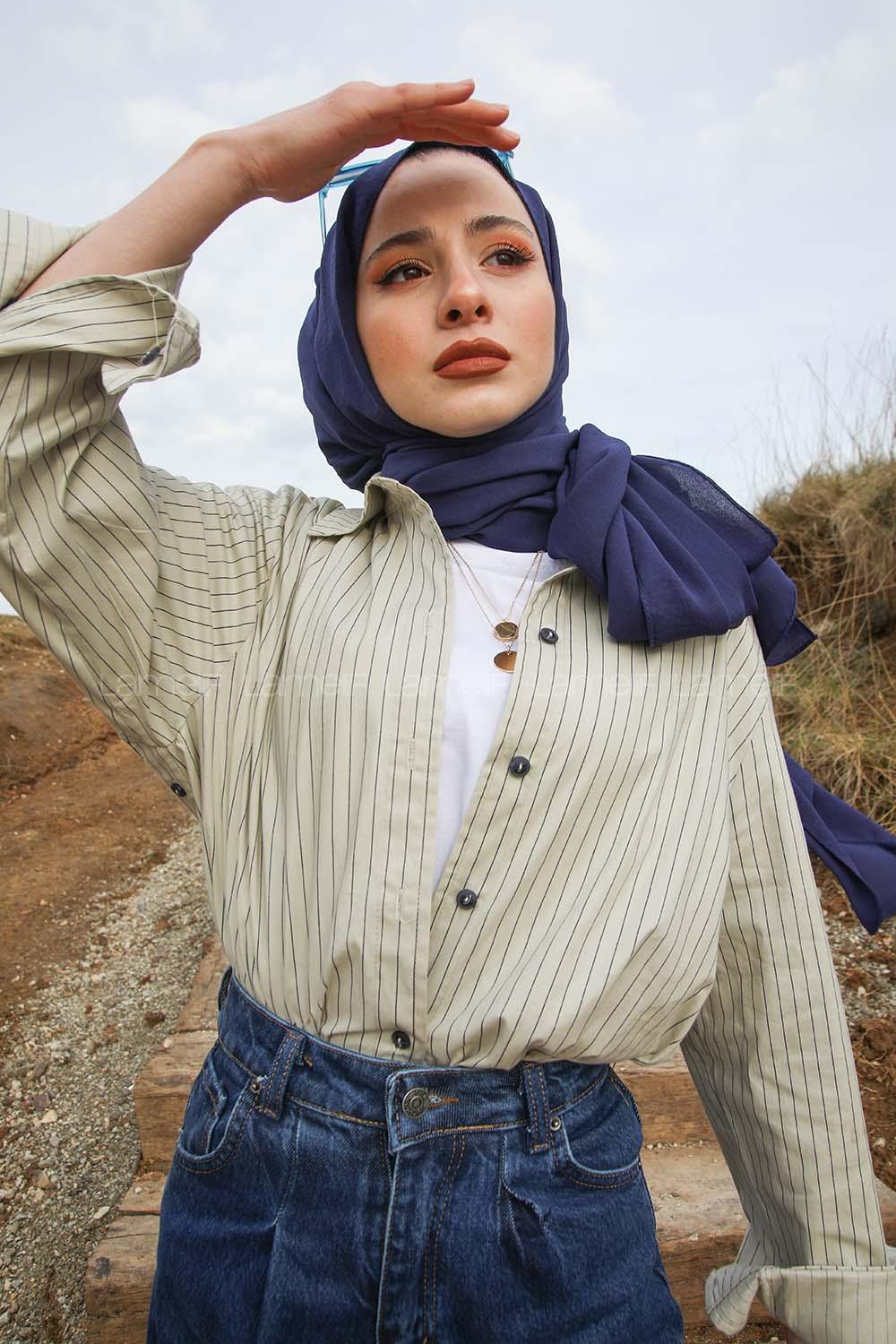 Modalamelif Önü Düğmeli Çizgili  Gömlek Krem