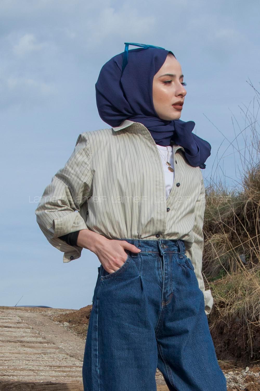 Modalamelif Önü Düğmeli Çizgili  Gömlek Krem