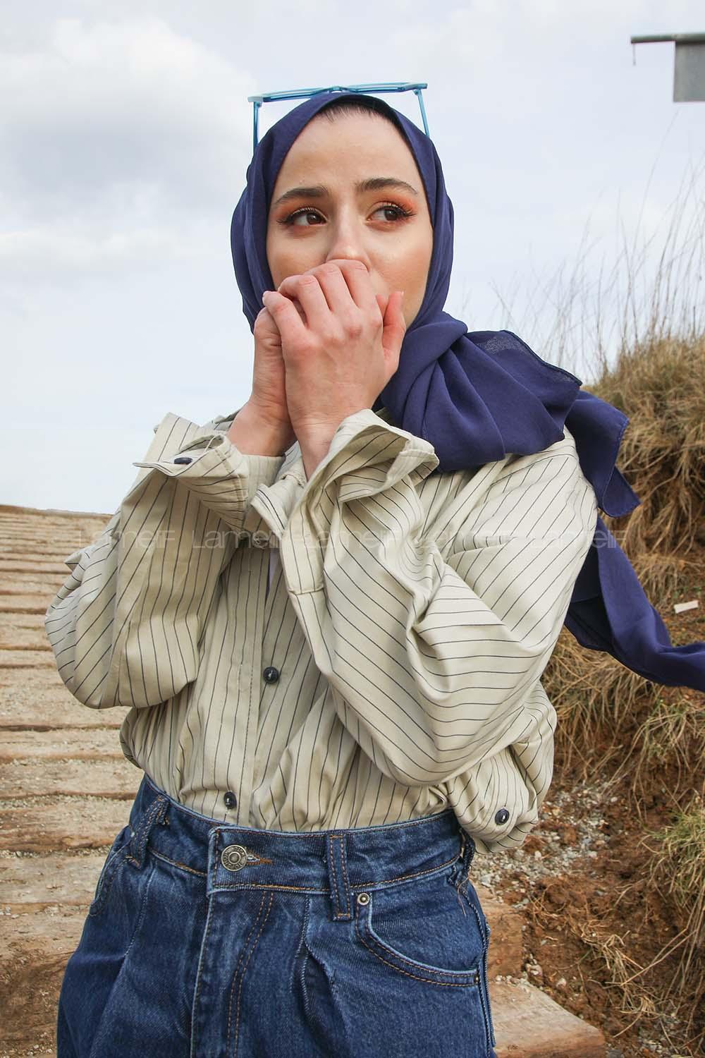 Modalamelif Önü Düğmeli Çizgili  Gömlek Krem