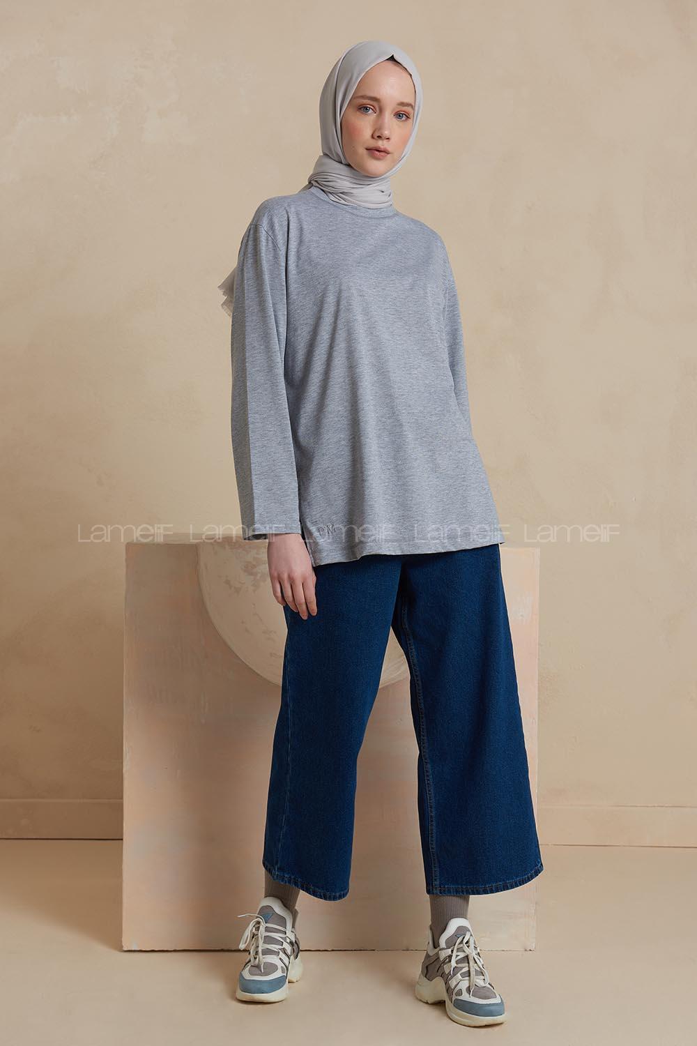 Modalamelif Düz Renk Uzun Kollu T-Shirt Gri