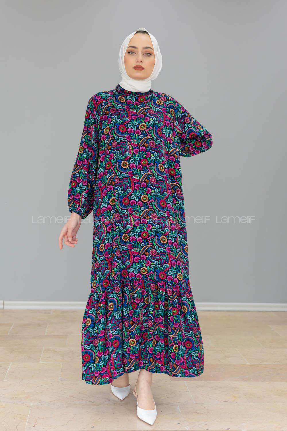 Modalamelif Balon Kol Desenli Elbise Fuşya