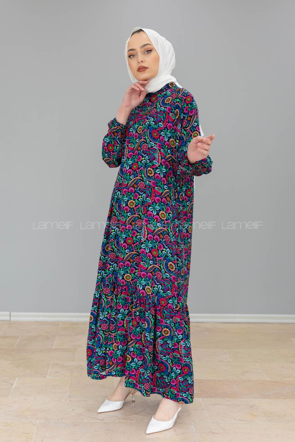 Modalamelif Balon Kol Desenli Elbise Fuşya