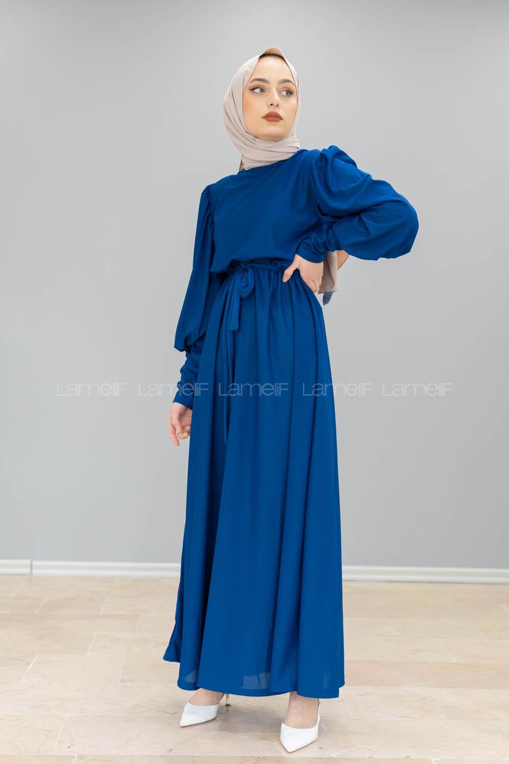 Modalamelif Balon kol Prenses Elbise İndigo