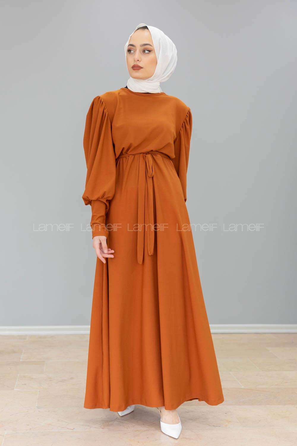 Modalamelif Balon kol Prenses Elbise Taba