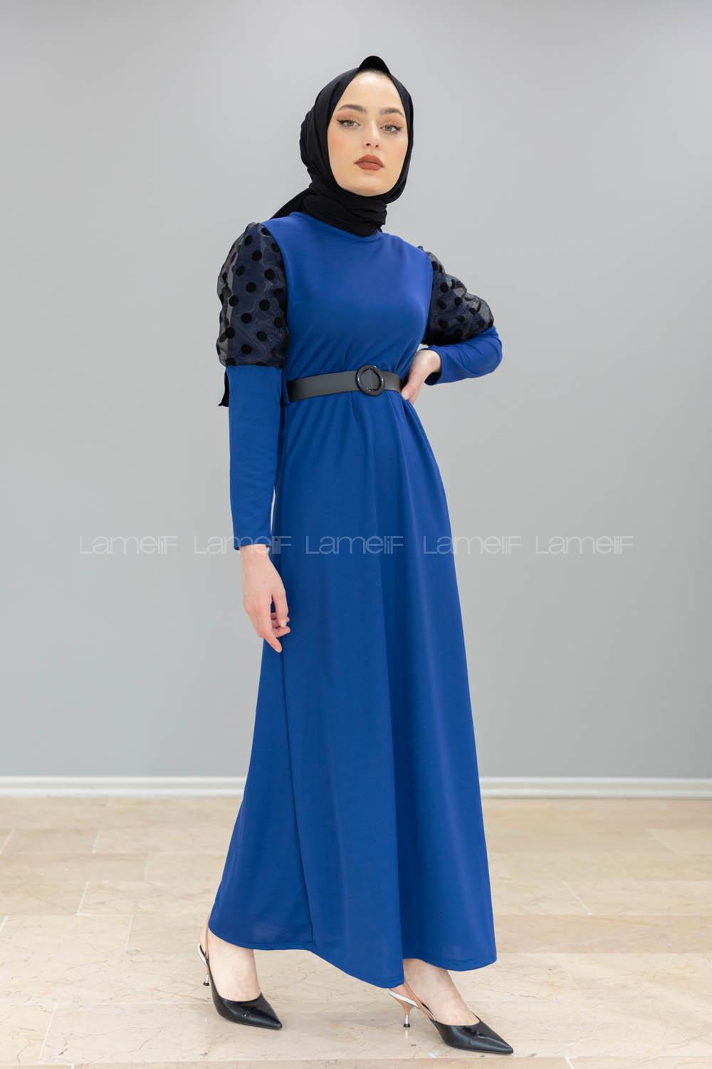 Modalamelif Kol Tül Puanlı Kemerli Elbise İndigo