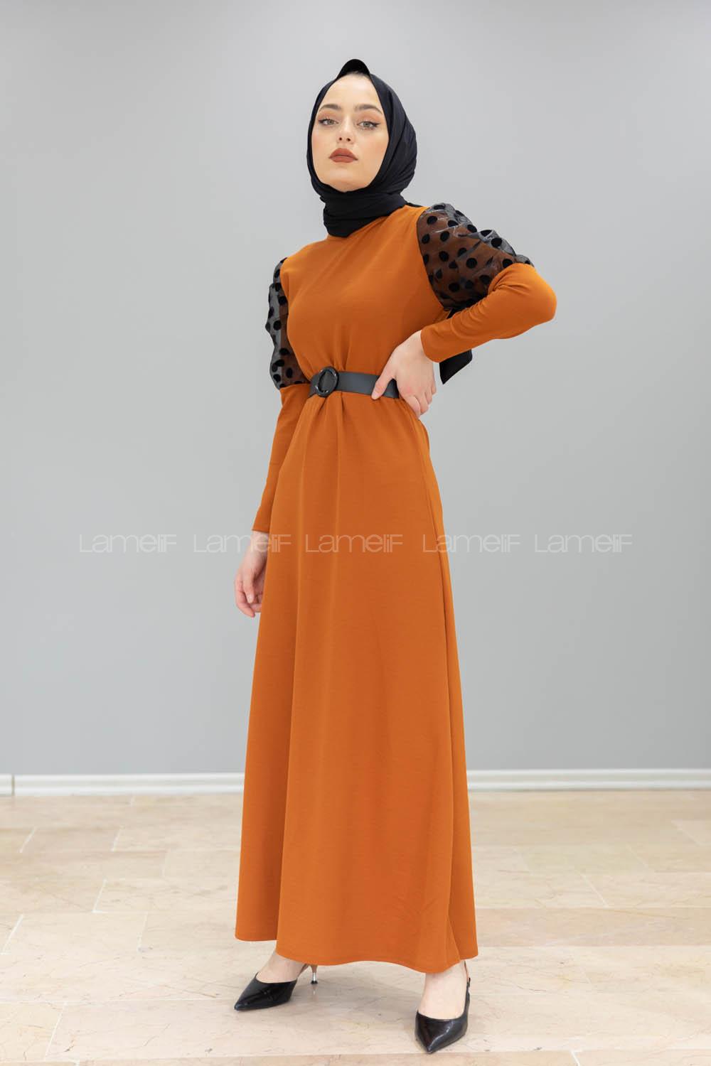 Modalamelif Kol Tül Puanlı Kemerli Elbise Taba