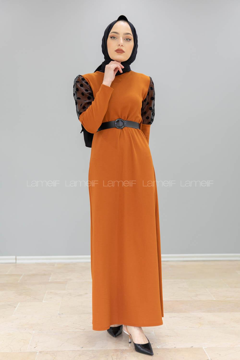 Modalamelif Kol Tül Puanlı Kemerli Elbise Taba