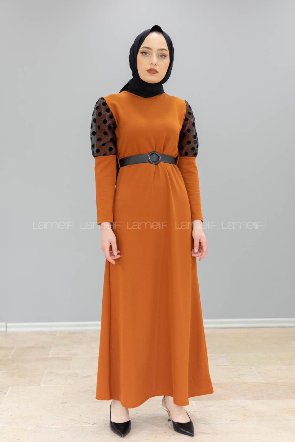 Modalamelif Kol Tül Puanlı Kemerli Elbise Taba