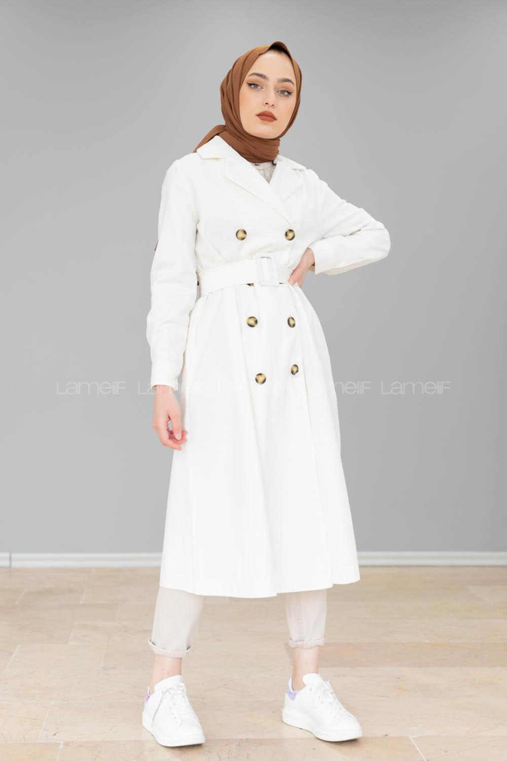 Modalamelif Önü Düğmeli Belden Bağlamalı Trenç Ekru