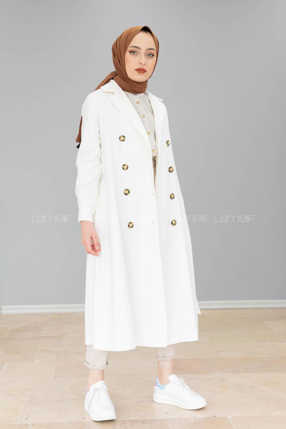 Modalamelif Önü Düğmeli Belden Bağlamalı Trenç Ekru