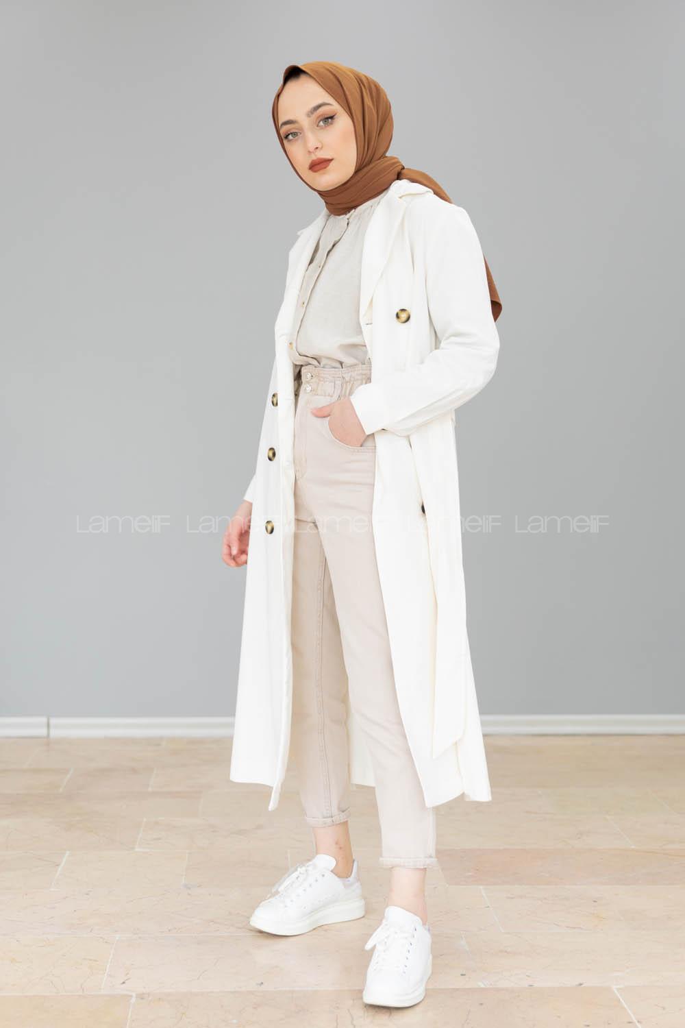 Modalamelif Önü Düğmeli Belden Bağlamalı Trenç Ekru