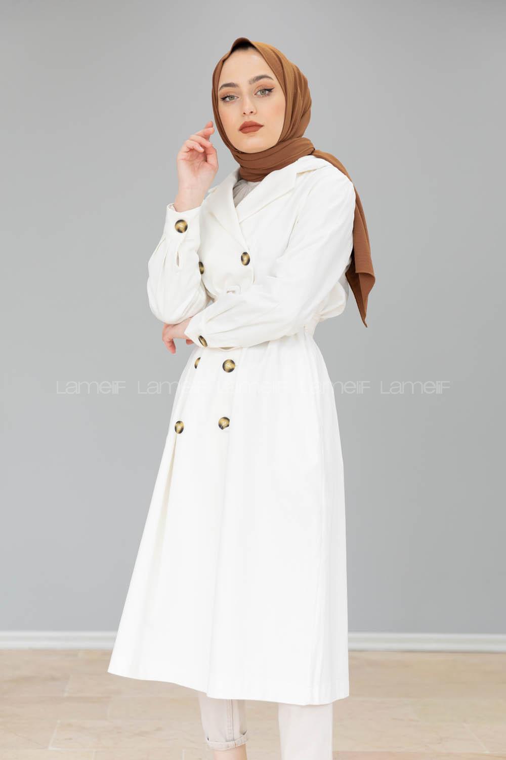 Modalamelif Önü Düğmeli Belden Bağlamalı Trenç Ekru