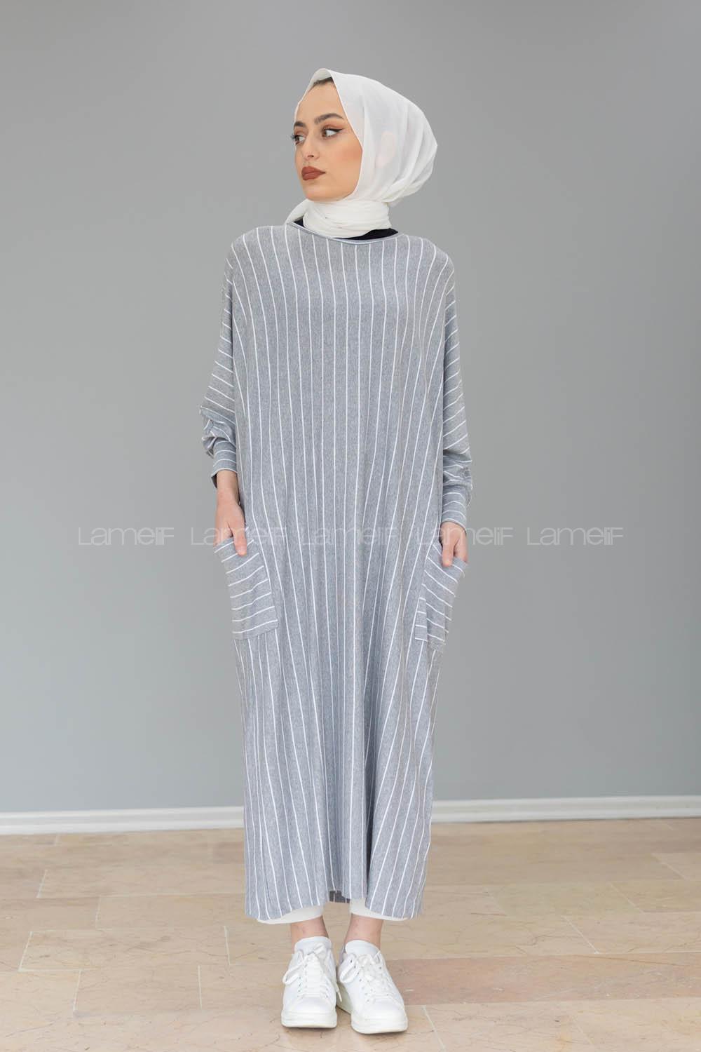 Modalamelif Yarasa Kol Çizgili Salaş Tunik Gri