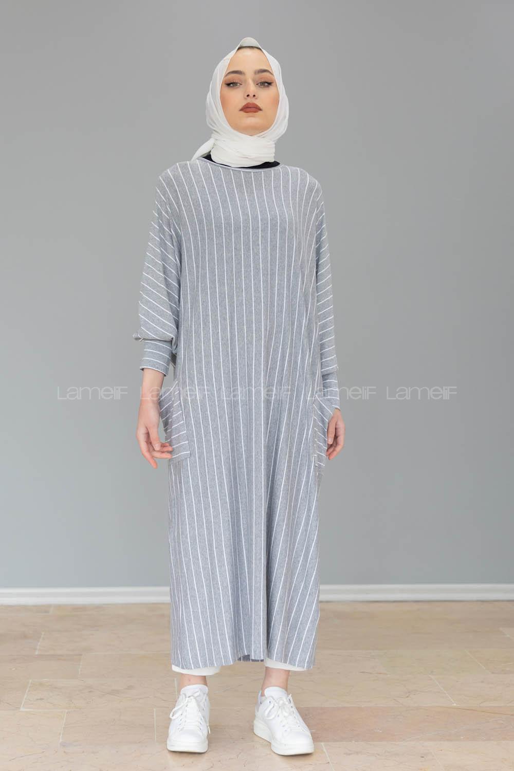 Modalamelif Yarasa Kol Çizgili Salaş Tunik Gri