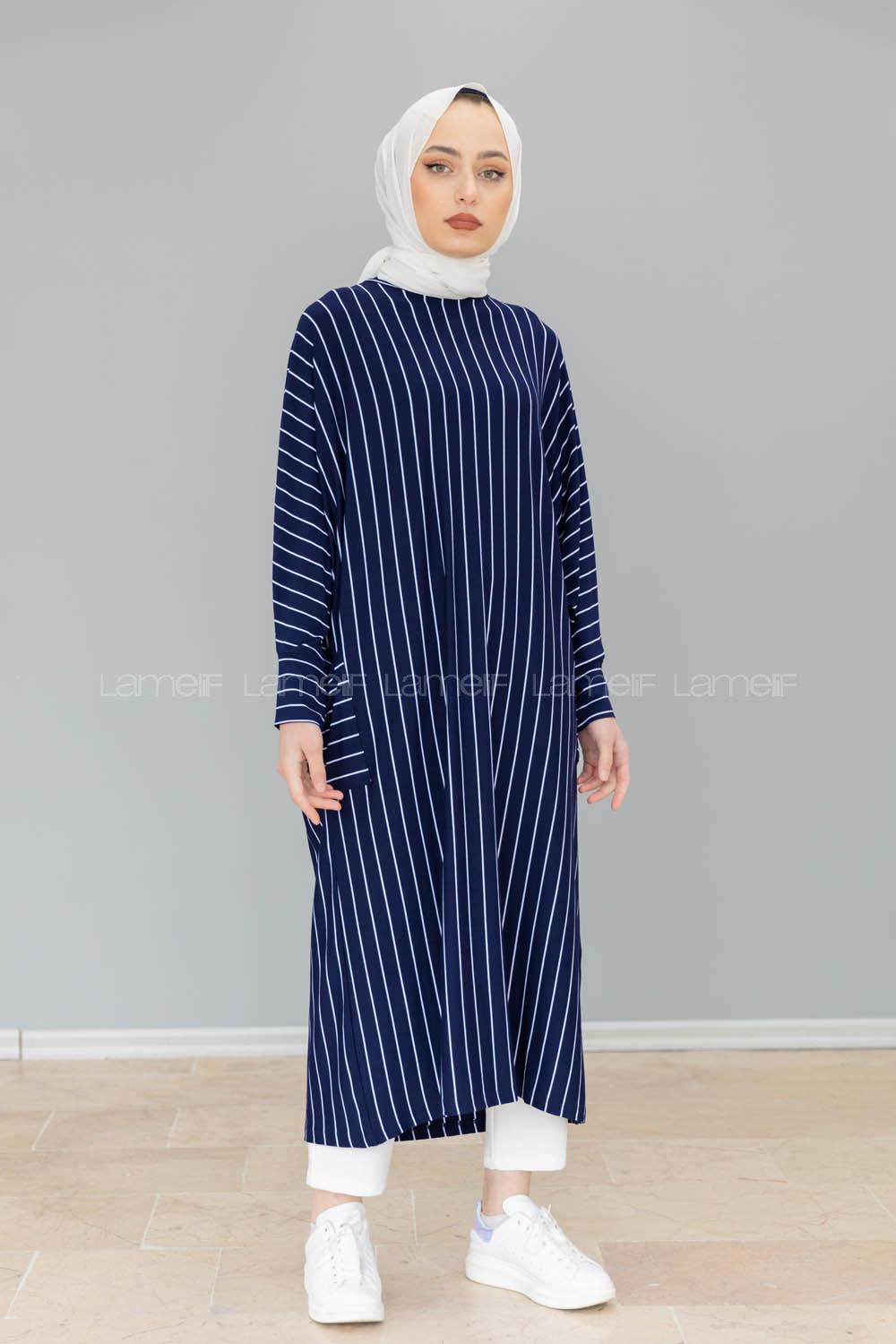 Modalamelif Yarasa Kol Çizgili Salaş Tunik Lacivert