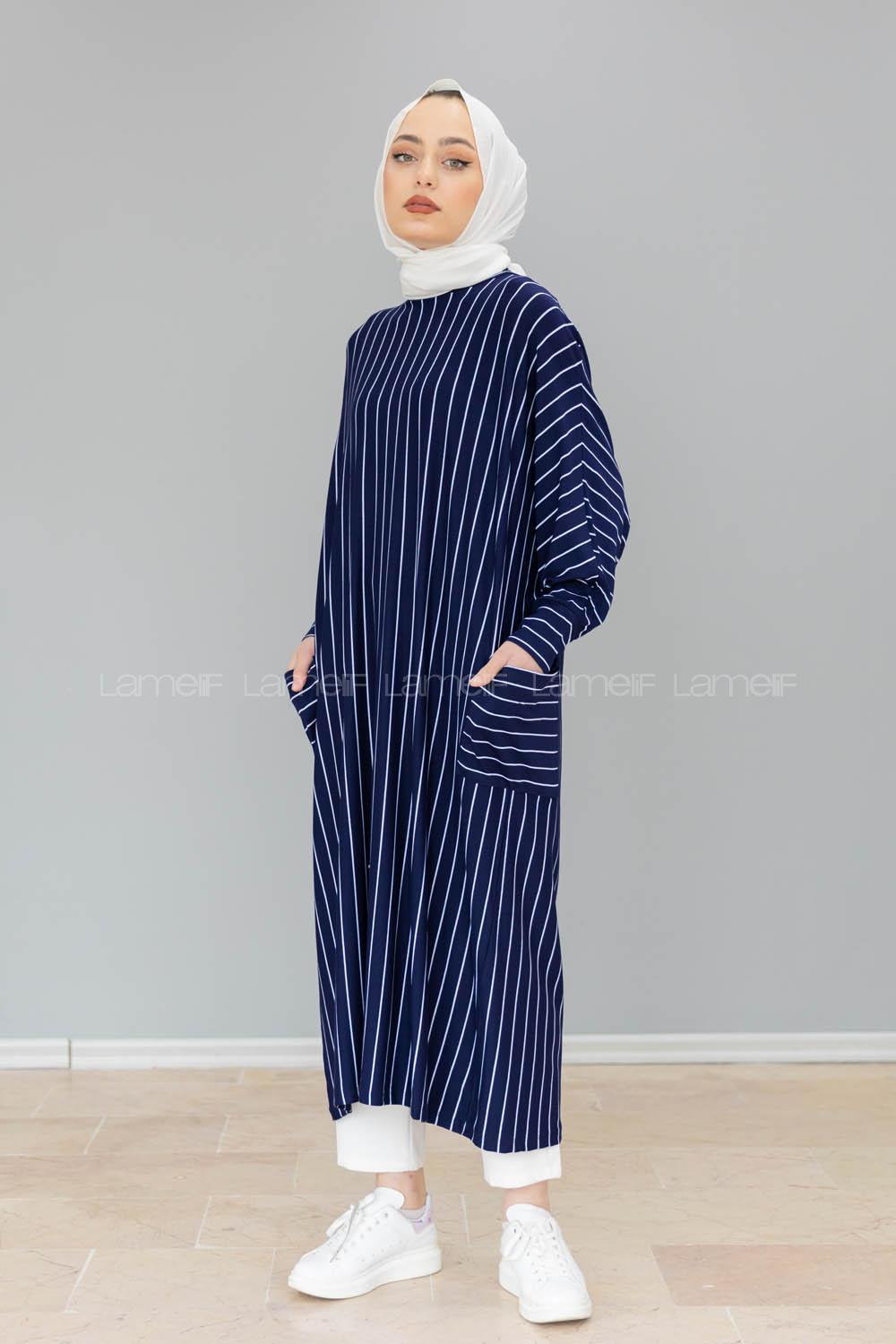 Modalamelif Yarasa Kol Çizgili Salaş Tunik Lacivert