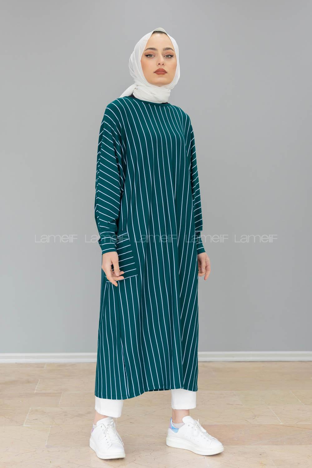 Modalamelif Yarasa Kol Çizgili Salaş Tunik Zümrüt Yeşili