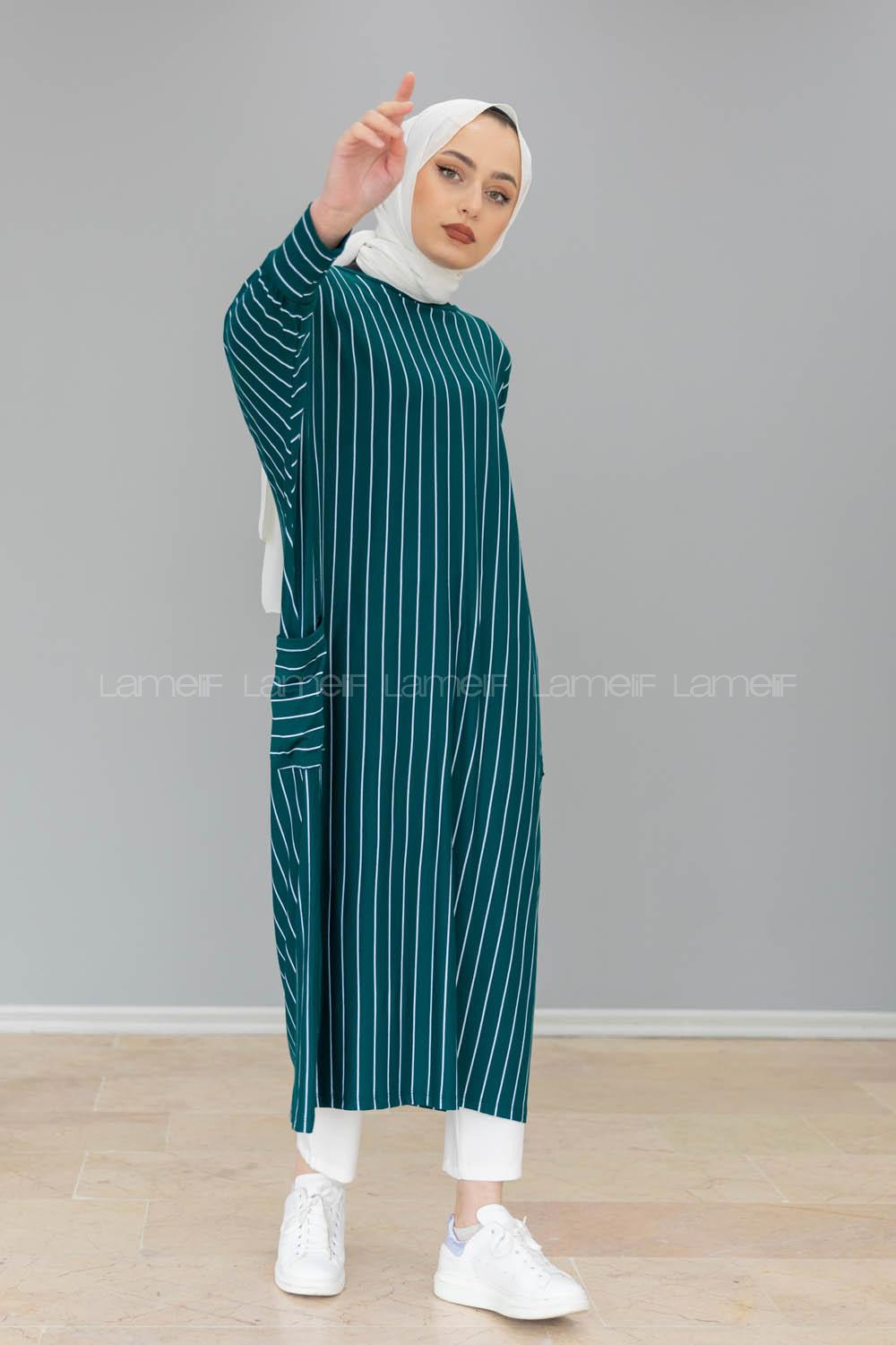 Modalamelif Yarasa Kol Çizgili Salaş Tunik Zümrüt Yeşili