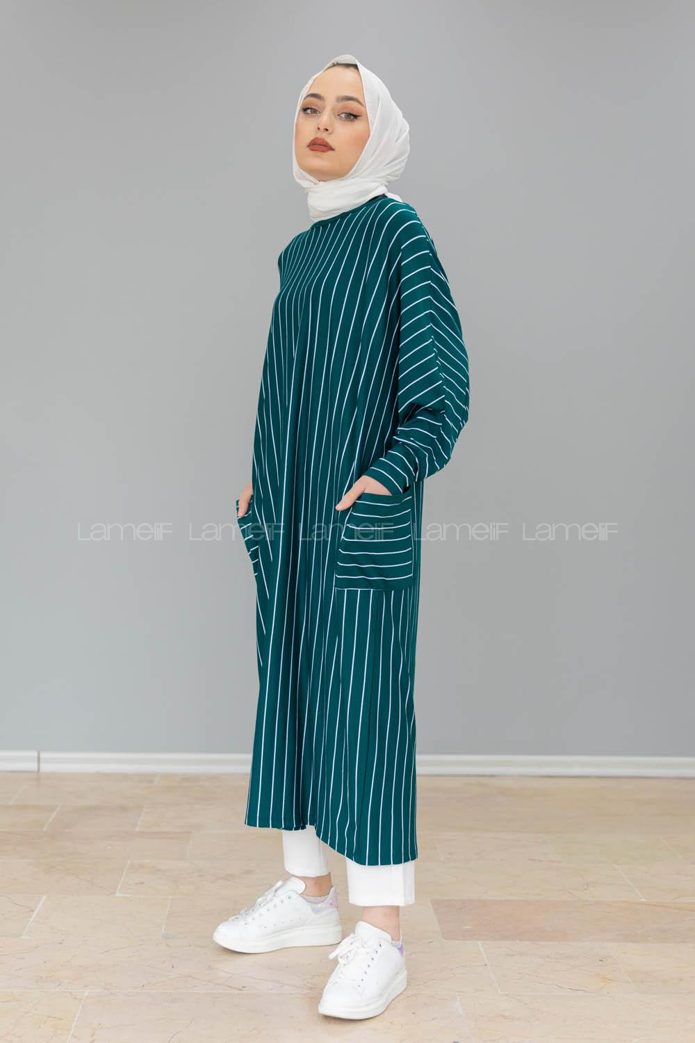 Modalamelif Yarasa Kol Çizgili Salaş Tunik Zümrüt Yeşili
