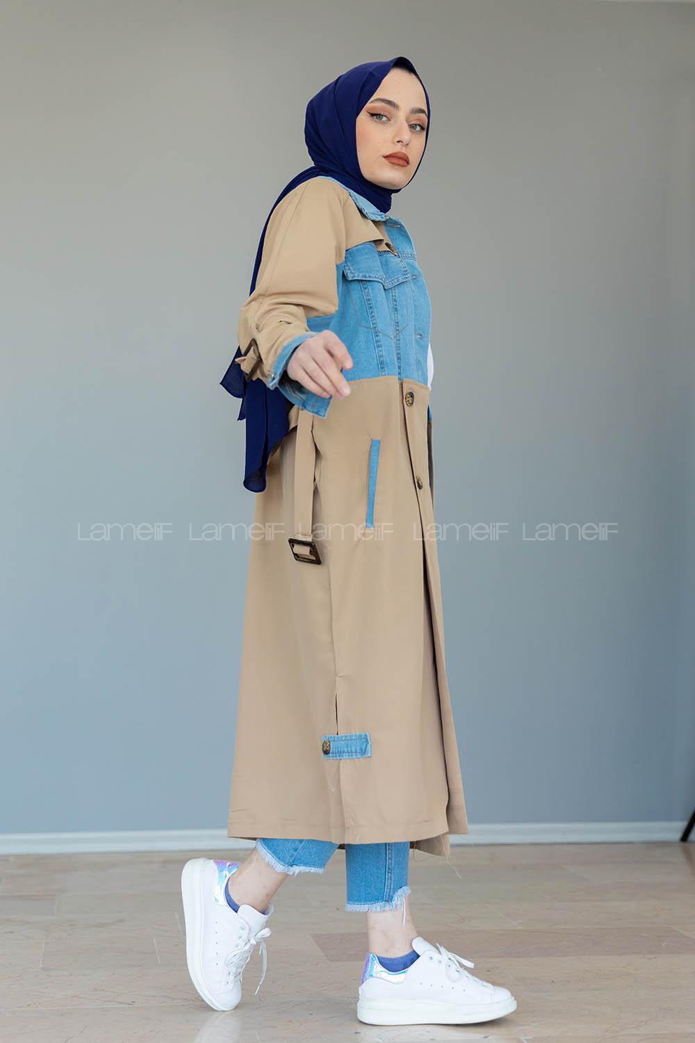 Modalamelif Belden Bağlamalı Kot Garnili Trenç Camel