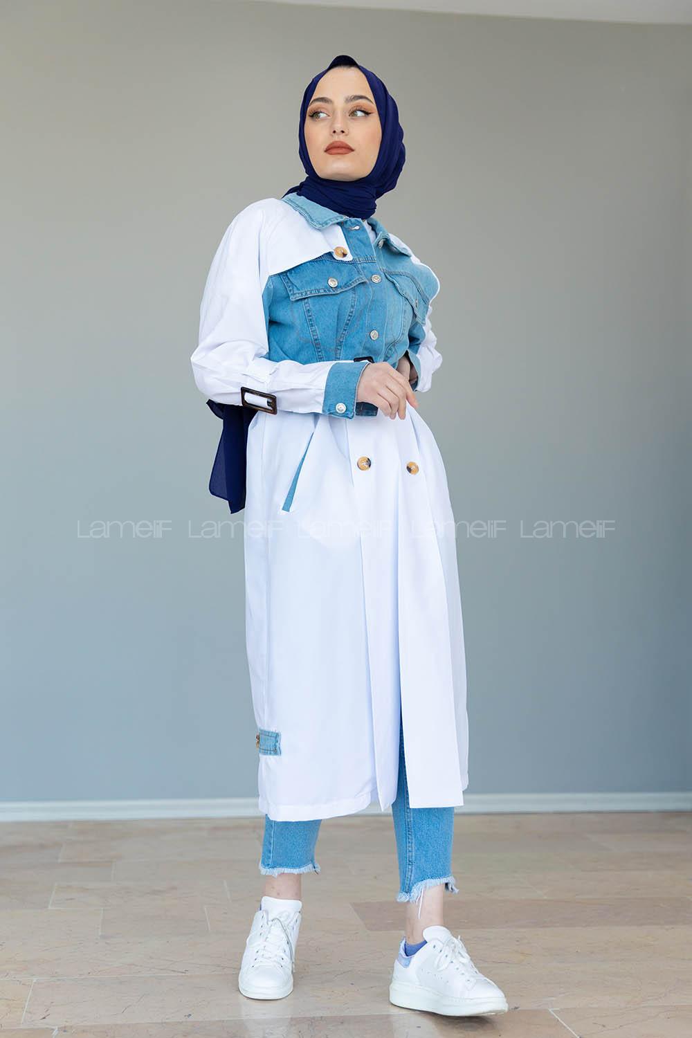 Modalamelif Belden Bağlamalı Kot Garnili Trenç Beyaz